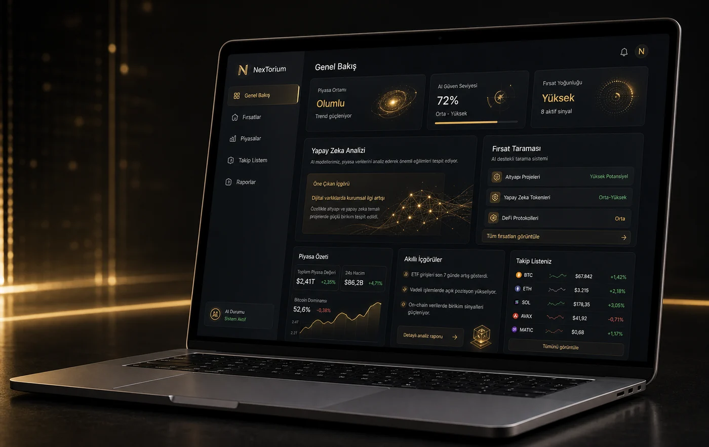 NexTorium yapay zeka destekli dijital finans platformu MacBook ekranı